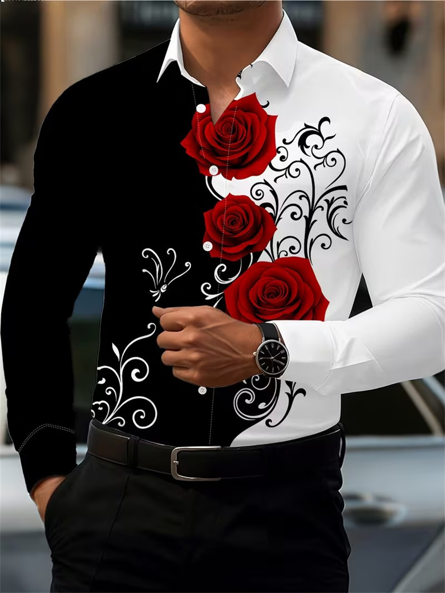 Men's Red Rose Print Long-Slee - огляд і ціна Mens Fashion Clothes