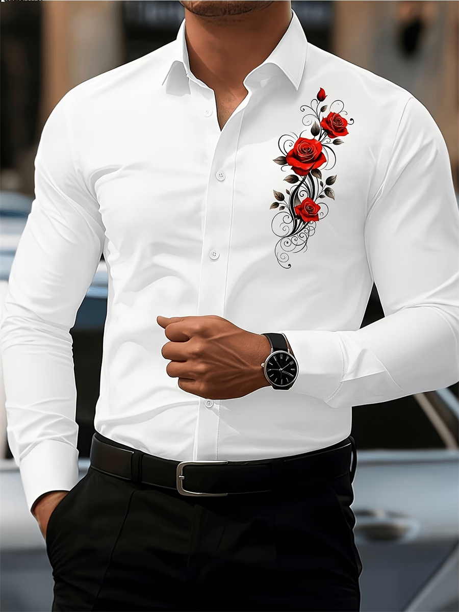 Men's Red Rose Print Long-Slee - огляд і ціна Mens Fashion Clothes