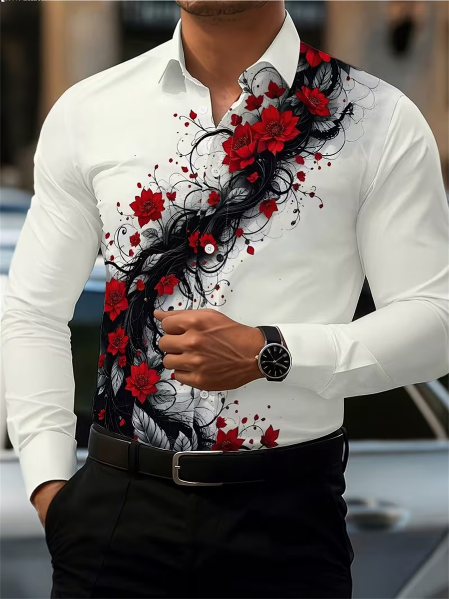 Men's Red Rose Print Long-Slee - огляд і ціна Mens Fashion Clothes